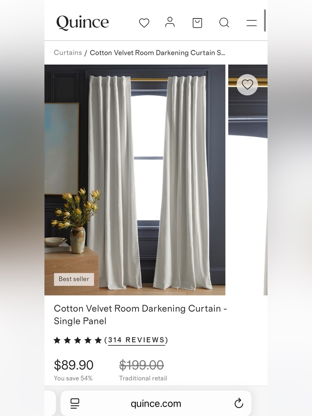 QUINCE 48x108 Cotton Velvet Room Darkening Curtain Ivory